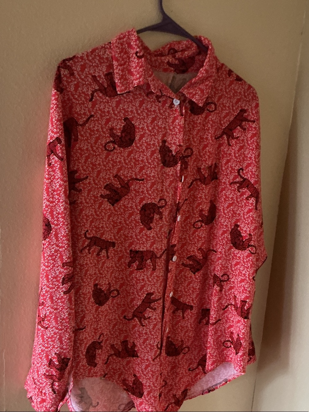 Source Unknown women’s Red Button-Down Shirt with Dark Animal Print